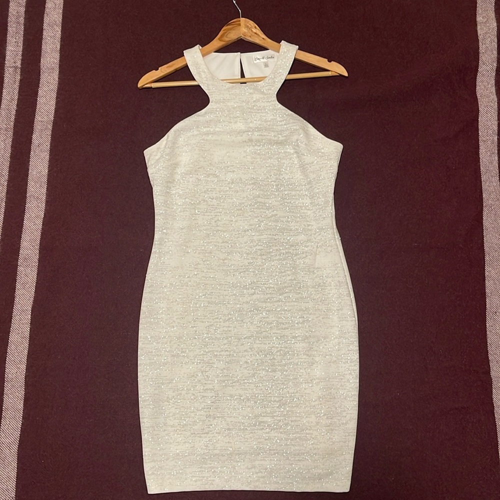 White with silver glitter body con dress; size L